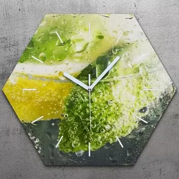 Часы шестигранные 40 см стекло бесшумные белые стрелки - лимон и базилик TastyPrints, зеленый