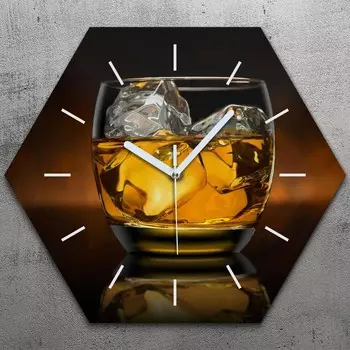 Часы шестигранные 40 см стекло бесшумные белые стрелки - стакан для виски TastyPrints