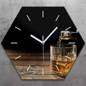 Часы шестигранные 40 см стекло бесшумные белые стрелки - стакан для виски TastyPrints