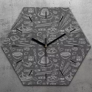 Часы шестигранные 40 см стекло бесшумные черные стрелки - Китайская кухня черные TastyPrints, черный