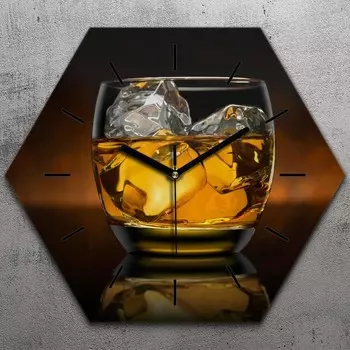 Часы шестигранные 40 см стекло бесшумные черные стрелки - стакан для виски TastyPrints