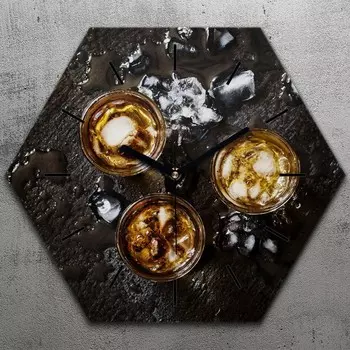 Часы шестигранные 40 см стекло бесшумные черные стрелки - стакан для виски TastyPrints