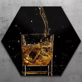 Часы шестигранные 40 см стекло бесшумные черные стрелки - стакан для виски TastyPrints