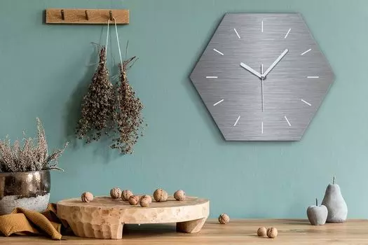 Часы шестиугольные 40 см, стекло, бесшумные белые стрелки - металлические стальные мотивы TastyPrints, синий