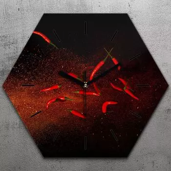 Часы шестиугольные 40 см стекло бесшумные черные стрелки - специи овощи TastyPrints, черный
