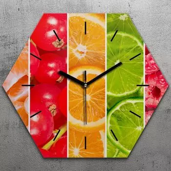 Часы шестиугольные 40 см стекло бесшумные черные стрелки - цветные фрукты TastyPrints, красный