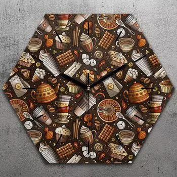 Часы шестиугольные 40 см стекло бесшумные черные стрелки - кофе кафе чай TastyPrints, коричневый