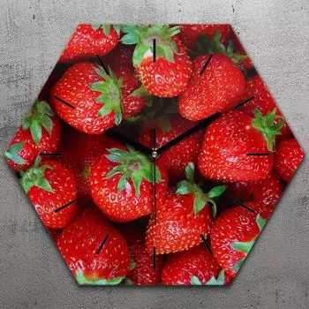 Часы шестиугольные 40 см стекло бесшумные черные стрелки - фрукты спелая клубника TastyPrints, красный