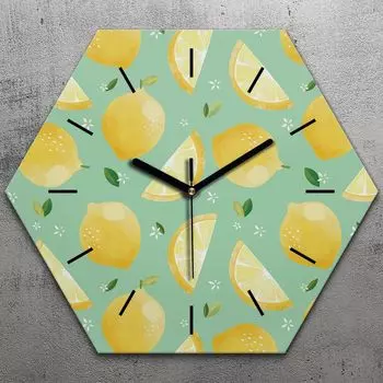 Часы шестиугольные 40 см стекло бесшумные черные стрелки - тропический фрукт лимон TastyPrints, желтый