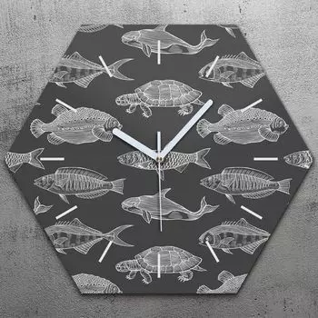 Часы шестиугольные 40 см стекло бесшумные белые стрелки - черная рыба морепродукты TastyPrints, черный
