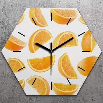 Часы шестиугольные 40 см стекло бесшумные черные стрелки - белые фрукты TastyPrints, желтый