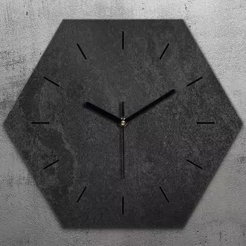Часы шестиугольные 40 см стекло бесшумные черные стрелки - черный камень TastyPrints, серый