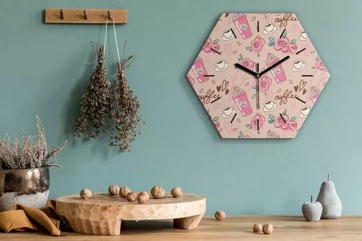 Часы шестиугольные 40 см стекло бесшумные черные стрелки - кофе и цветы TastyPrints