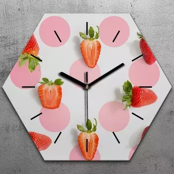 Часы шестиугольные 40 см стекло бесшумные черные стрелки - белые фрукты TastyPrints, красный
