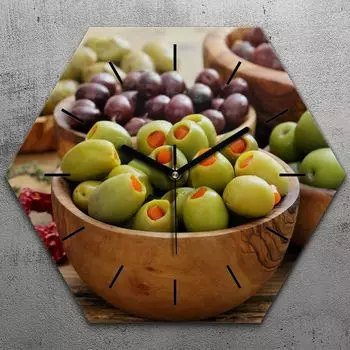 Часы шестиугольные 40 см стекло бесшумные черные стрелки - оливковые мотивы TastyPrints, черный