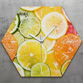 Часы шестиугольные 40 см стекло бесшумные белые стрелки - цветные фрукты TastyPrints, желтый
