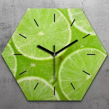 Часы шестиугольные 40 см стекло бесшумные черные стрелки - ломтики лайма TastyPrints