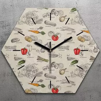 Часы шестиугольные 40 см стеклянные бесшумные черные стрелки - винтажные кухонные овощи TastyPrints