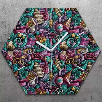 Часы шестиугольные 40 см, стеклянные, бесшумные, белые стрелки - предмет для дня рождения, мультяшный TastyPrints, белый