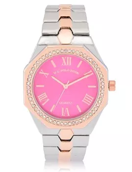 Часы U.S. Polo Assn Ladies Two Tone Link With Pink Face, серебристый