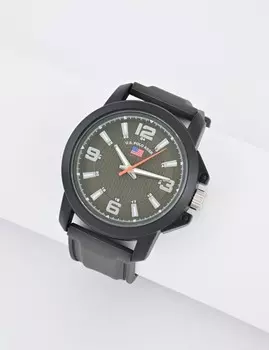 Часы U.S. Polo Assn Mens Black Strap Green Face Analog, черный