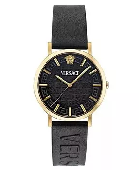 Часы унисекс, швейцарские часы с черным кожаным ремешком, 40 мм Versace, золото