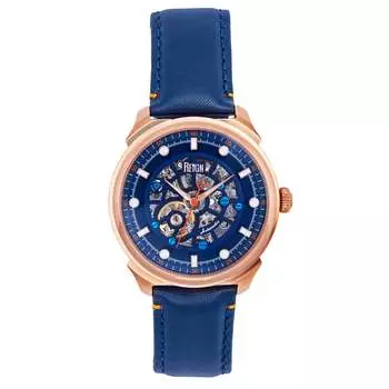 Часы Weston Automatic Skeletonized с кожаным ремешком - розовое золото/синий Reign