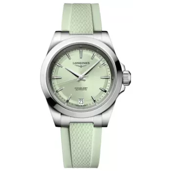 Часы женские Longines Conquest Automatic 34 мм с зеленым циферблатом и каучуковым ремешком L3.430.4.02.9
