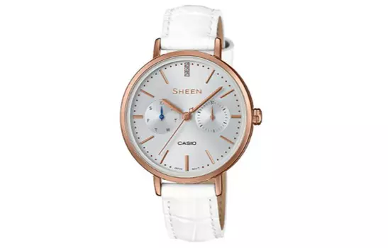 Часы женские SHEEN Collection с кварцевым механизмом, ремешком из натуральной кожи, серебристым циферблатом CASIO
