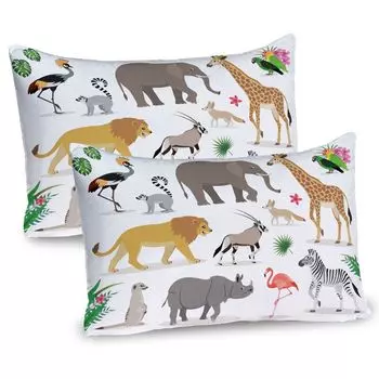 Чехлы для подушек ABAKUHAUS Animals Набор из 2 шт., иллюстрация животных из зоопарка Жираф Слон Фламинго Зебра Лев Декоративный чехол для подушки с принтом 80 x 40 см Бледно-карамельно-зеленый лайм