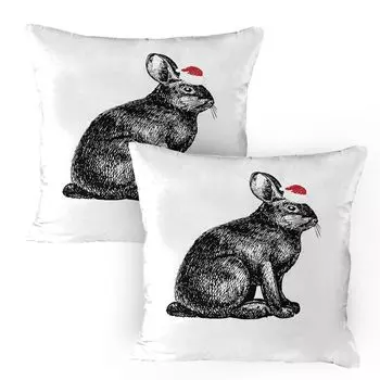 Чехлы для подушек ABAKUHAUS Bunny, набор из 2 шт., силуэт кролика на рождественскую тематику с эскизным карандашным рисунком, чехол для подушки с декоративным принтом, 80 x 80 см, ярко-красный, антрацитово-серый