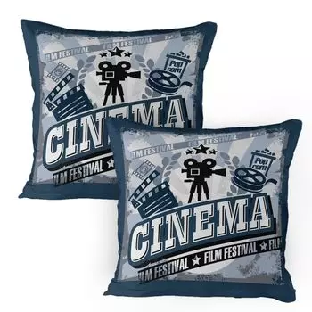 Чехлы для подушек ABAKUHAUS Cinema, набор из 2 шт., винтажный дизайн постера для кино с эффектом гранжа и старомодными иконками, чехол для подушки с декоративным принтом, 80 x 80 см, синий, черный, серый