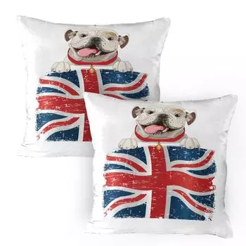 Чехлы для подушек ABAKUHAUS English Bulldog, комплект из 2 шт., Happy Pet Bulldog с флагом Великобритании, чехол для подушки с декоративным принтом, 80x80 см, кремово-синий-красный