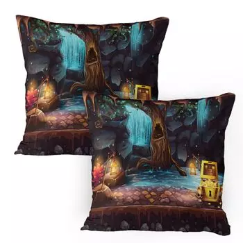 Чехлы для подушек ABAKUHAUS Fantasy, набор из 2 шт., пещерный пейзаж в мультяшном стиле, большое дерево, сундук с сокровищами, лампы и водопад, чехол для подушки с декоративным принтом, 80 x 80 см, многоцветный