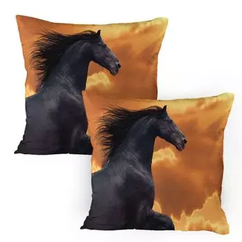 Чехлы для подушек ABAKUHAUS Horse, набор из 2 шт., портрет скачущей фризской лошади, солнце излучает интенсивность, тема Honor Grace, чехол для подушки с декоративным принтом, 80 x 80 см, черный оранжевый