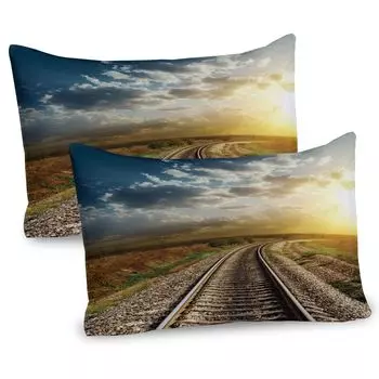 Чехлы для подушек ABAKUHAUS Rail, набор из 2 шт., «Железная дорога идет к горизонту в стране заката», драматическое фото неба в сельской местности, чехол для подушки с декоративным принтом, 80 x 40 см, многоцветный