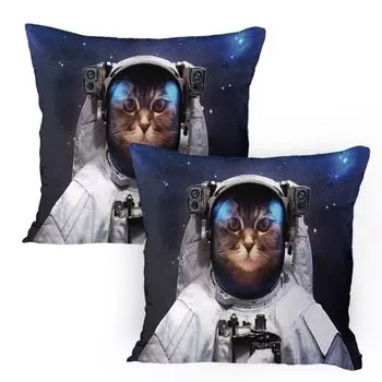 Чехлы для подушек ABAKUHAUS Space Cat, набор из 2 шт., Кот-путешественник в космосе Milkyway Galaxy в костюме со звездным фоновым изображением, чехол для подушки с декоративным принтом, 80x80 см, темно-синий, белый