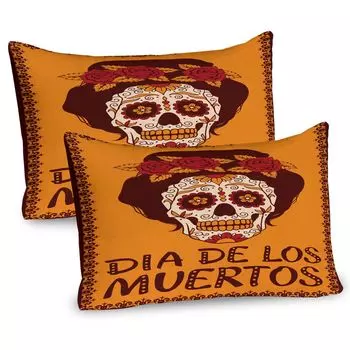 Чехлы для подушек ABAKUHAUS Sugar Skull, набор из 2 шт., Мексиканская девушка-череп с принтом в виде волос и цветочного венка, чехол для подушки с декоративным принтом, 80 x 40 см, Коричневые бархатцы