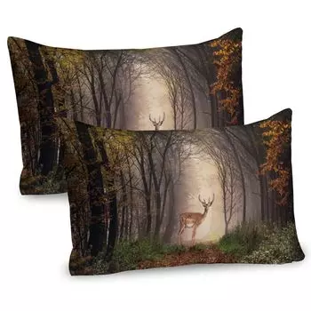 Чехлы для подушек ABAKUHAUS Wildlife, набор из 2 шт., Олень заметил мечтательный туманный лес, осеннее дерево, туманная мистическая тропа, чехол для подушки с декоративным принтом, 80 x 40 см, многоцветный