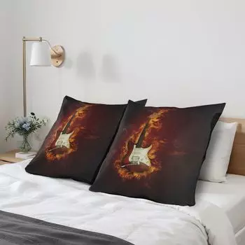 Чехлы для подушек для гитары ABAKUHAUS, набор из 2 шт., электрогитара в огне, Burning Fire, концепция музыкального творчества в стиле хард-рок, чехол для подушки с декоративным принтом, 80x80 см, темно-бордовый, оранжевый, черный