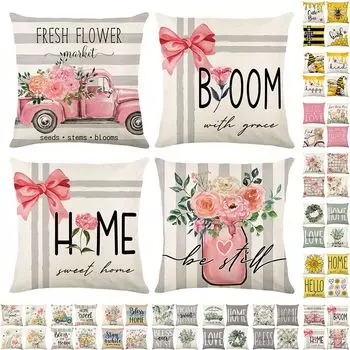 Чехлы на подушки с цветами 45x45 Набор из 4 чехлов на подушки Льняные диванные подушки Современная акварельная живопись Декоративные наволочки для дивана Подушка для спальни easy home, розовый
