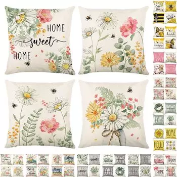 Чехлы на подушки с цветами 45x45 Набор из 4 чехлов на подушки Льняные диванные подушки Современная акварельная живопись Декоративные наволочки для дивана Подушка для спальни easy home, белый