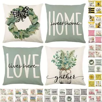 Чехлы на подушки с цветами 45x45 Набор из 4 чехлов на подушки Льняные диванные подушки Современная акварельная живопись Декоративные наволочки для дивана Подушка для спальни easy home, зеленый