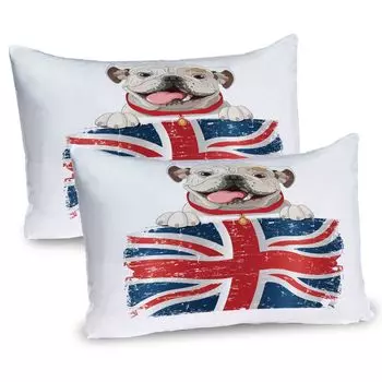 Чехлы на подушку ABAKUHAUS English Bulldog, комплект из 2 шт., Happy Pet Bulldog с флагом Великобритании, чехол для подушки с декоративным принтом, 80x40 см, кремово-синий-красный