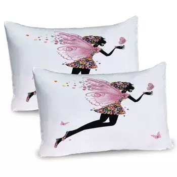 Чехлы на подушку ABAKUHAUS Fairy, набор из 2 шт., платье с цветочной композицией, крылатая девушка с бабочками, ангел в мультяшном стиле, чехол для подушки с декоративным принтом, 80 x 40 см, многоцветный