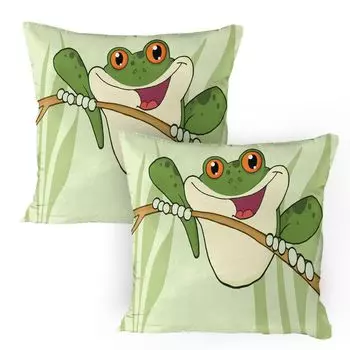 Чехлы на подушку ABAKUHAUS Frogs, комплект из 2 шт., «Счастливая амфибия в детском мультяшном стиле на ветке в джунглях», чехол для подушки с декоративным принтом, 80x80 см, разноцветный пастельно-зеленый