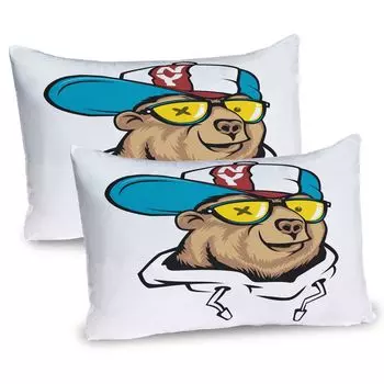 Чехлы на подушку ABAKUHAUS Funny Bear, набор из 2 шт., медвежонок в солнцезащитных очках и крутая кепка с надписью «NY», созданный в цифровой форме, чехол для подушки с декоративным принтом, 80 x 40 см, многоцветный