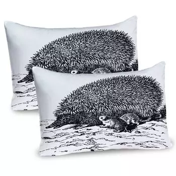 Чехлы на подушку ABAKUHAUS Hedgehog, набор из 2 шт., набросок и штриховка изображения европейского ежа и младенцев, чехол для подушки с декоративным принтом, 80x40 см, черный, белый, серый