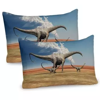 Чехлы на подушку ABAKUHAUS Jurassic, набор из 2 шт., Мать динозавра-диплодока гуляет вместе со своим выводком молодых облаков, Чехол на подушку с декоративным принтом, 80 x 40 см, Серо-голубой, Серый хаки