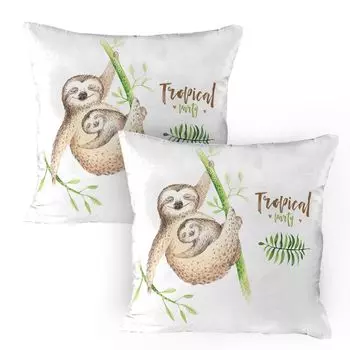 Чехлы на подушку ABAKUHAUS Sloth, набор из 2 шт., «Мать и детеныши животных», «Семейное счастье», акварель, бохо, тропические элементы, чехол для подушки с декоративным принтом, 80 x 80 см, бледно-коричнево-зеленый